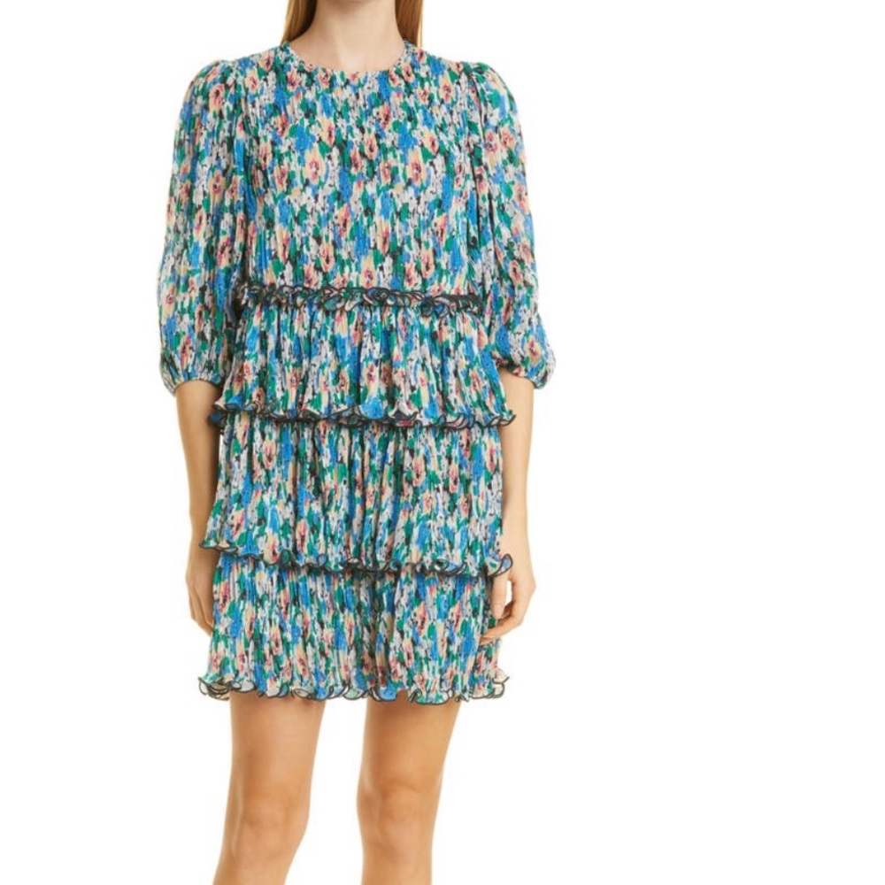 GANNI Floral Layered Plisse Georgette Dress